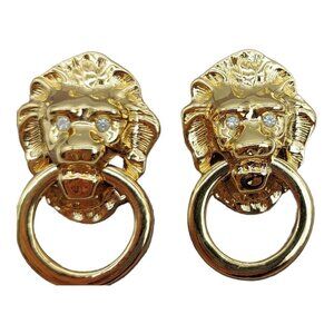 KJL Kenneth J Lane Lion Door Knocker Earrings Rhinestone NOS Avon Vintage 1986